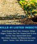 Close-up of lawn soil and turf with text listing insects killed by Complete Insect Killer For Soil And Turf 10 lb Granules.