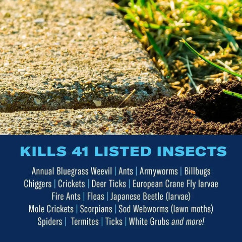Close-up of lawn soil and turf with text listing insects killed by Complete Insect Killer For Soil And Turf 10 lb Granules.