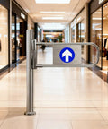 Rock Solid Stainless Steel Two Way Swing Gate With Smooth Operator Action Built Like A Tank For Busy Warehouses Or Driveways Hella Durable 180 Degree Pivot Post Mount Ready outside a shopping mall.