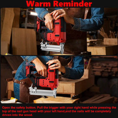 Heavy Duty 18 Gauge Cordless Brad Nailer And Stapler Kit held in hands, demonstrating use for woodworking tasks.