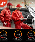 Two technicians in red uniforms performing tests on a vehicle door with a focus on temperature, salt spray, and fatigue resistance.
