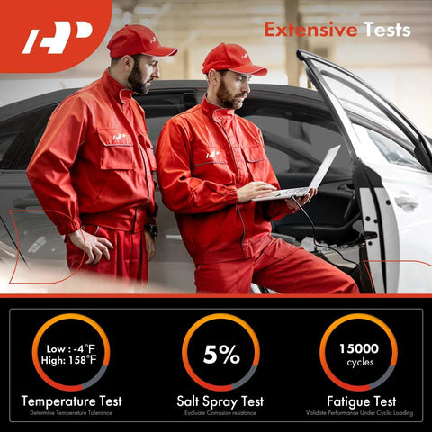 Two technicians in red uniforms perform tests on a car's power window regulator, showcasing temperature, salt spray, and fatigue tests.