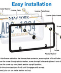 Diagram showing installation of 2 Pack Clear License Plate Covers For Front And Rear With Frames And Screw Caps Built Tough Rustproof Unbreakable Weatherproof Easy Install For Cars Trucks SUVs Transparent.