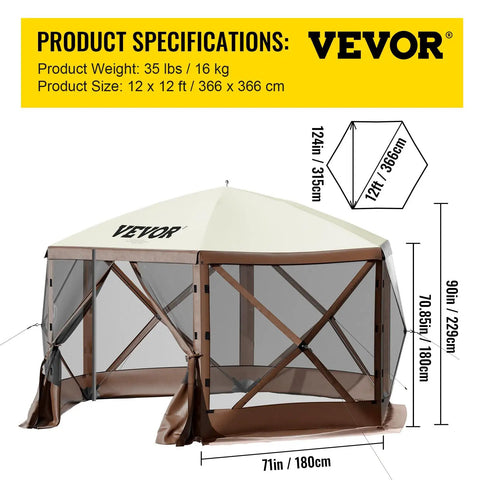Six Sided 12x12 Pop Up Canopy Shelter With Mesh Windows Portable Carry Bag Stakes Epic Outdoor Shade Tent Brown Beige