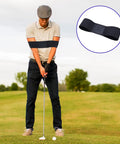 Golfer using Two Pack Elastic Golf Swing Trainer Band For Beginners, Golf Connection Arm Band To Help Correct Posture And Improve Swing.