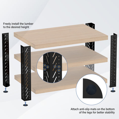 Heavy Duty Metal Workbench Leg Kit With Adjustable Height Design For DIY Projects 35.4 Inch Tall Custom Size And Color Built To Last For Shelving And Work Tables Lumber Not Included, showing parts layout with wood shelves and black legs.