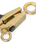 Auto body clamp, side view, gold finish, two eye rings, self-tightening frame pull clamp for straight or cross repairs