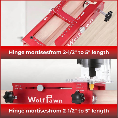 Pro Grade Aluminum Door Hinge Template Kit For Routers shown with red durable design, fits 3 to 5 inch doors and precise mortise.