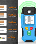 6-in-1 Stud Finder Wall Scanner Auto Shutoff LCD (Blue) with detailed depth settings for wood and metal detection.
