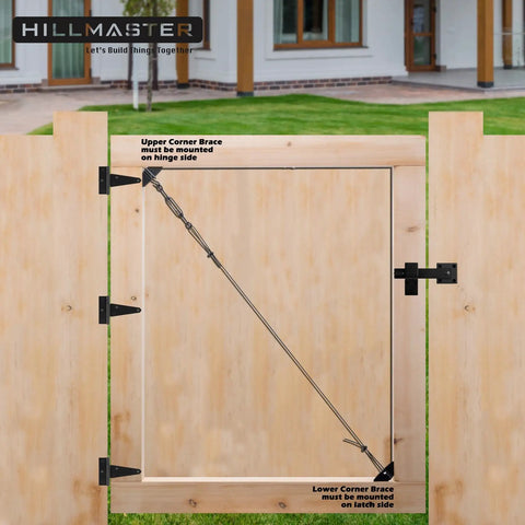 Heavy Duty Anti Sag Gate Kit For Wooden Fences Featuring Rust Resistant Zinc Cable Rigging To Keep Your Backyard Gate Straight And Tight Quick Fit Outdoor Repair Fix Black Two Pack with installation instructions.
