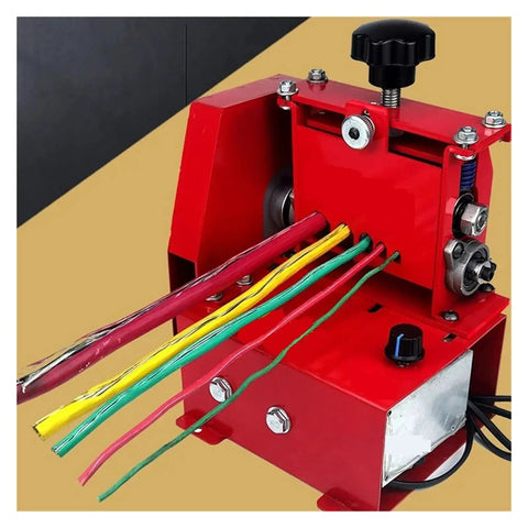 Close-up of Smooth Operator Electric Wire Stripper with colorful wires ready for insulation removal in a red compact machine.