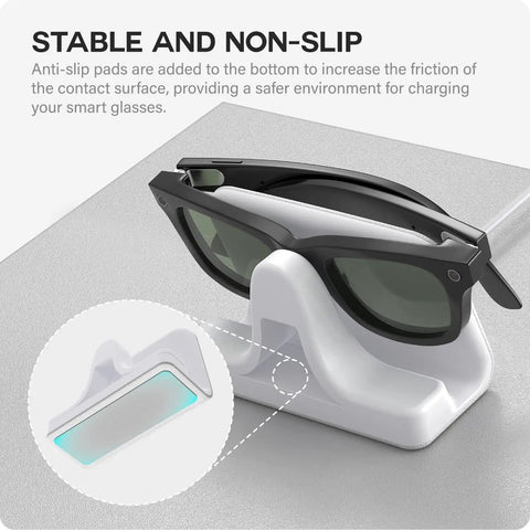 Slick Charging Stand With USB-C Cable For Ray-Ban Meta Smart Glasses Gen 1 And Gen 2, white dock holding black glasses securely