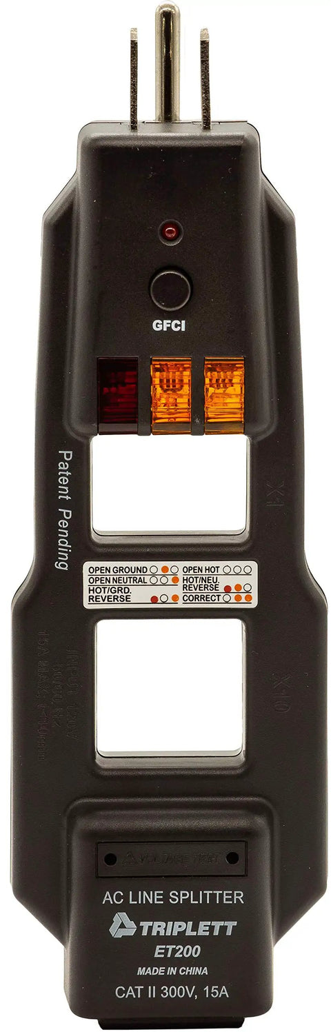 Must Have AC Line Splitter And GFCI Outlet Tester With Five Visual Indicators, black plastic, front view showing indicator lights.