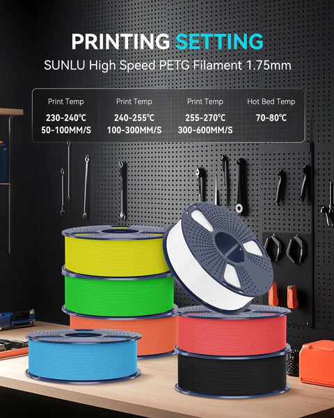 SUNLU High Speed PETG Filament 1.75mm, 4kg pack with four 1kg color spools for 3D printing