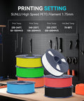 Colorful 1.75mm PETG filament spools for high-speed 3D printing, various print temp ranges, tools on black pegboard in the background.