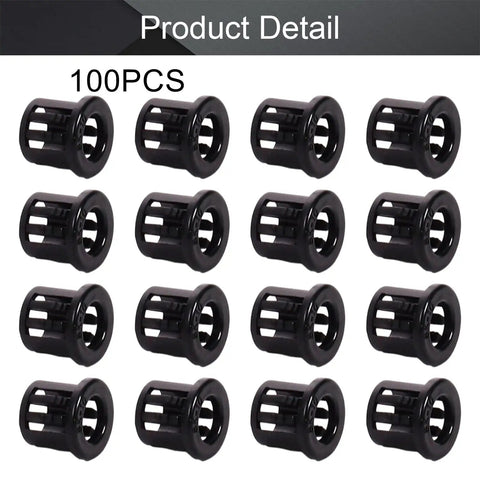 Three Eighths Inch Snap Bushing Grommet Kit In Black Nylon Cable Protector 100 Pieces Durable PA66 with multiple grommets in view