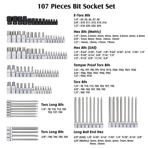 107 Piece Drive Socket Set with 1/4 3/8 and 1/2 inch bits, displayed with labels for E-Torx, hex, and tamper-proof Torx bits.