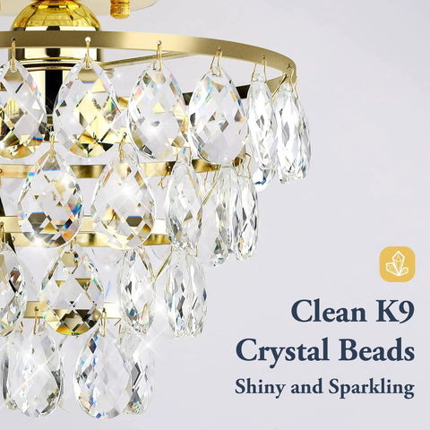 Gold Finish Crystal Ceiling Light Semi Flush Mount Chandelier With E26 Base featuring hanging K9 crystal beads