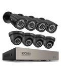 Eight black cameras and a DVR unit from 3K Lite Wired Security Camera System With AI Human And Vehicle Detection, 8 All Weather Cameras For Indoor And Outdoor Use, H265 Plus 8 Channel DVR, No Monthly Fees, Remote Access, No Hard Drive Included, Easy Setup And Local Recording