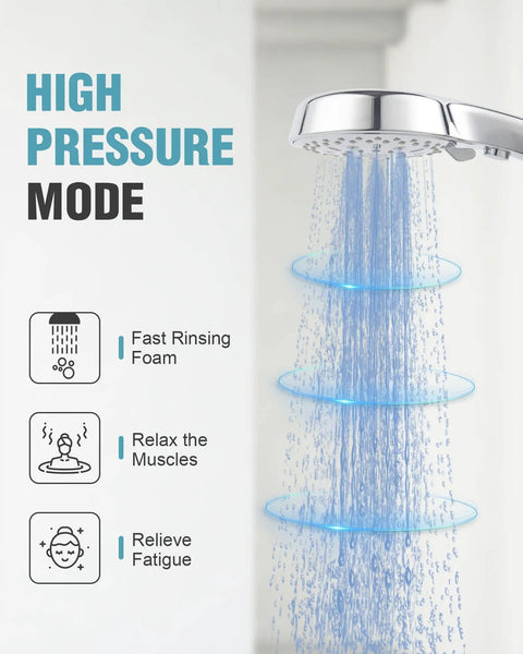 High Pressure Handheld Shower Head With 12 Functions And 96 Inch Hose For Quick Pet Bathing Pup Bath Detachable Water Saver Wand With Switch Button Chrome Finish displaying powerful spray mode.