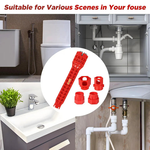 14 In 1 Basin Wrench Kit For Sink And Faucet Installations displayed with plumbing tools and bathroom sinks