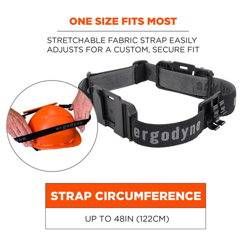 Skullerz 8980 Universal Headlamp Strap with stretchable nylon band shown fitting a hard hat, adjustable to 48in circumference.