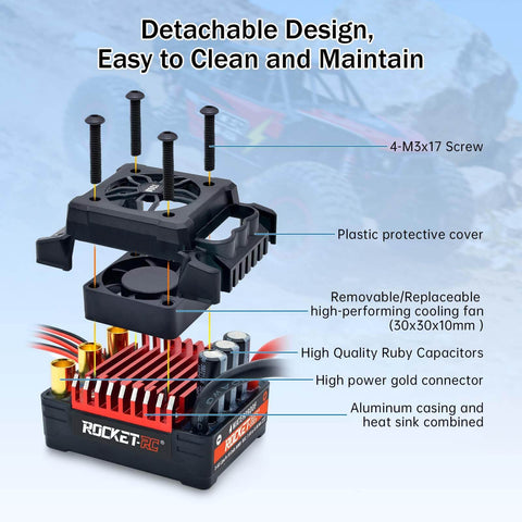 Exploded view of Supersonic V2 130A Beefed Up Brushless ESC with plastic cover, cooling fan, ruby capacitors, and aluminum casing.