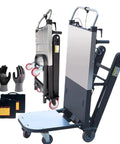 Folding Electric Stair Climbing Dolly With Hella Tough 850W Brushless Motor And Dual 48V Battery Pack; features gloves and battery pack.