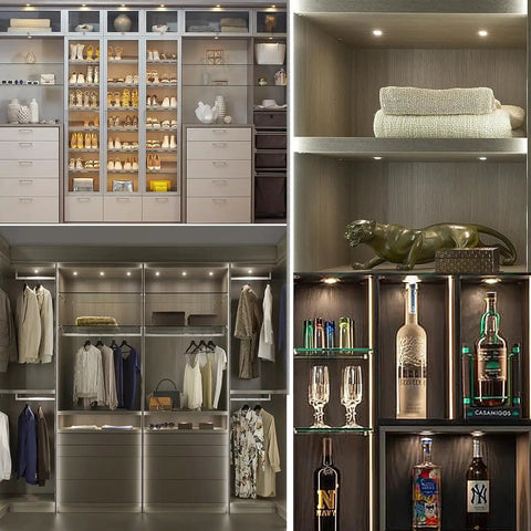 Luxury closet with lighting showcasing LED PAR16 Spotlight Bulbs 5W Dimmable, 50W Halogen Replacement, 120V, short neck for cabinets.