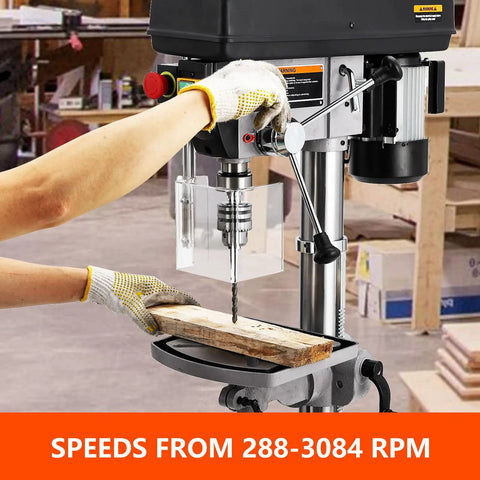 Get The 15 Inch Benchtop Drill Press With A Badass 7.5 Amp Pure Copper Motor For Precision Drilling On Wood And Metal In Your Home Workshop Or Garage Setup with drill in use on wood.