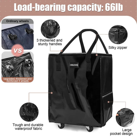 Heavy-Duty 70L Folding Rolling Tote Cart with four wheels, three handles, zipper, and 66-lb capacity, waterproof fabric