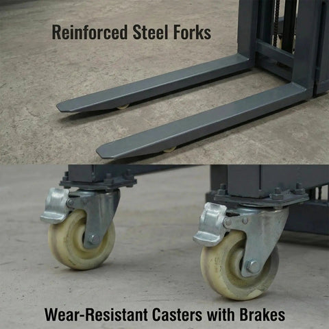 Dope 661 Lbs Electric Pallet Stacker With Adjustable Forks And Remote Control, reinforced steel forks and wear-resistant casters.