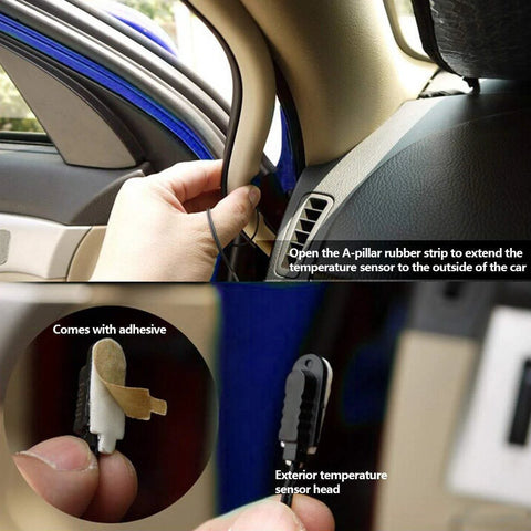 Car thermometer LCD digital clock with exterior temp sensor head and adhesive pad shown near the A-pillar