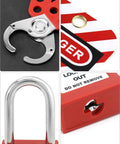 Lockout Tagout Kit With Hasps, Red Loto Locks, And Two Padlocks With Keys For Electrical Lockout Safety, close-up view