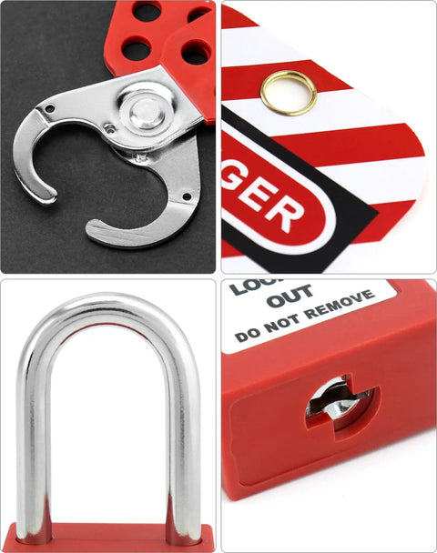 Lockout Tagout Kit With Hasps, Red Loto Locks, And Two Padlocks With Keys For Electrical Lockout Safety, close-up view
