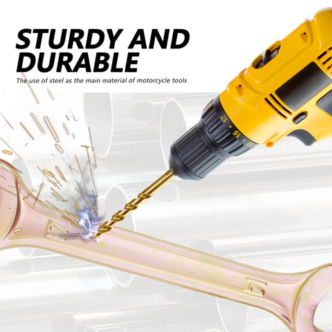 Drill testing steel wrench from Compact Motorcycle Tool Kit With Pliers, Double Ended Spark Plug Socket, Screwdriver, Wrenches, And Storage Bag For Dirt Bikes, Portable On The Go Maintenance Set For Quick Repairs.