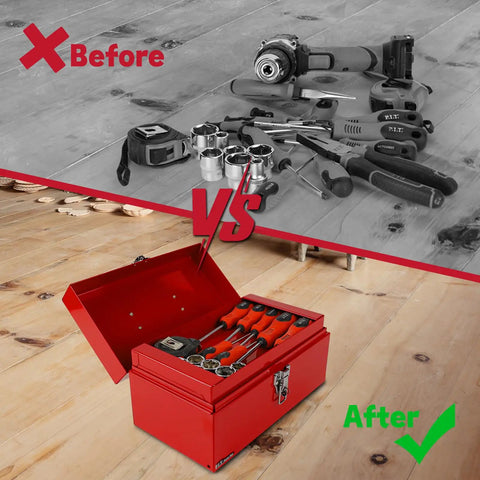 No Cap Heavy Duty Metal Tool Box With Secure Latch Lock, Portable 12 Inch Steel Storage Case For Job Sites And Backyard Builds, Durable Powder Coated Shell In Bold Red, before and after organization.