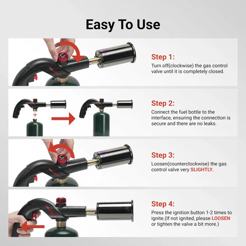 Instruction steps for using the Powerful Propane Kitchen Torch For Searing Steak, Grilling And BBQ, Adjustable Flame