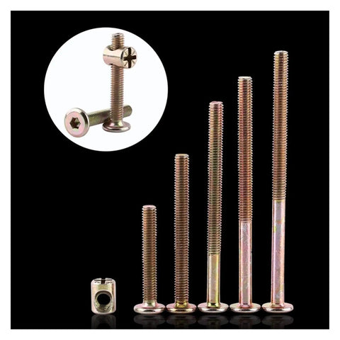 Rock Solid Furniture Bolts Paired With Slick Barrel Nuts And Rust Proof Zinc Plated Carbon Steel For Zero Wiggle Wood Joinery In Your Next Big Weekend Project, showing various sizes of bolts.