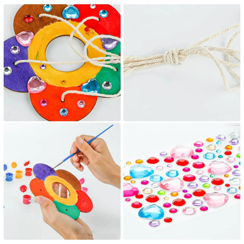 Two Pack Diy Wooden Bird Feeder Craft Kits For Kids Outdoor Fun, decorated wooden piece and painting in progress, jewels shown.