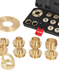 Badass 11 Piece Brass Router Bushing Set Compatible With Standard Router Bases For Silky Smooth Template Routing Pro Level Precision Guide Kit Rugged Storage Case Included Solid Workshop Essential shown in rugged storage case with brass rings.