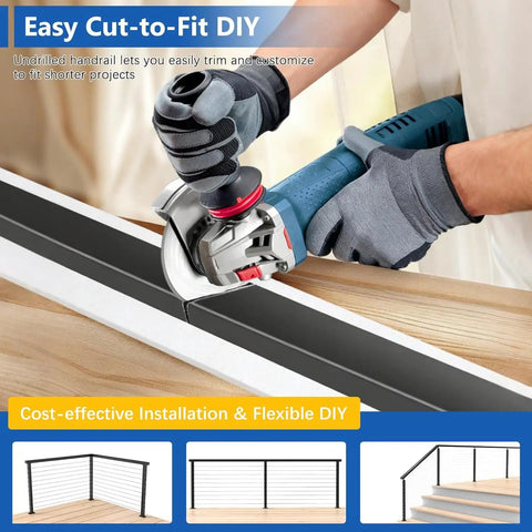 Tough As Nails 8 Foot Marine Grade Stainless Steel Black Handrail For Cable Railing Systems being cut for DIY projects.