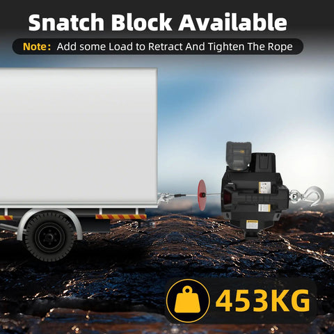 Lonsge 1000 Lb Portable Battery Winch With 40 Ft Steel Cable Compatible With De Walt Power Tools Over 20 V Capacity Features Wireless Remote Control For Heavy Duty Lifting And Hauling Jobs On The Job Site Or Around The Yard In Black Finish Durable with a snatch block attached to a truck.