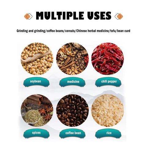 Natural Granite Hand Crank Mill Grinder product uses: grinding soybeans, medicine, chili pepper, spices, coffee beans, and rice.