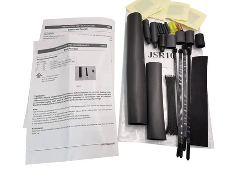 Installation kit for self regulating heating cable for pipe freeze protection, includes sleeves, ties, and instruction manual