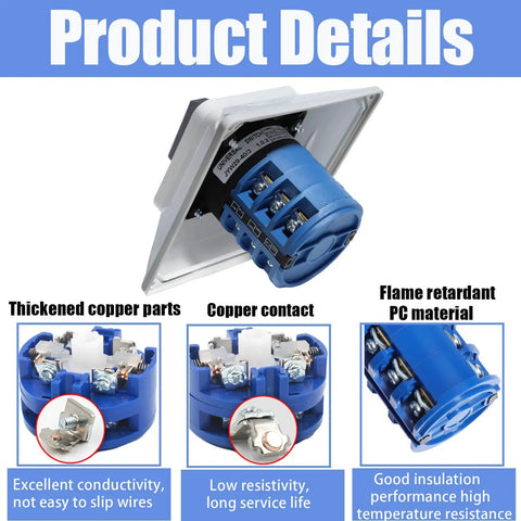 Product details of Rotary Changeover Switch Universal Selector Switch Enclosure Box 690V 40A, highlighting flame retardant PC and copper contacts.