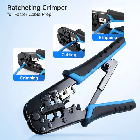 Close-up of ratcheting crimper tool from 7-In-1 Pro Grade Network Tool Kit for Fast DIYer Ethernet Builds showing crimping, cutting, stripping.