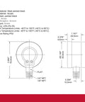 2-inch dial pressure gauge, front view, with black steel case and brass internals; 1/4 inch NPT bottom mount, psi/kPa.