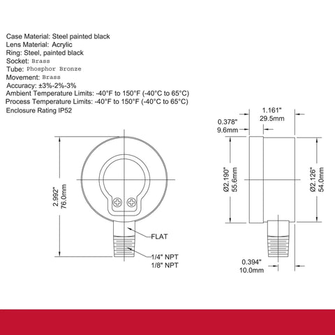2-inch dial pressure gauge, front view, with black steel case and brass internals; 1/4 inch NPT bottom mount, psi/kPa.