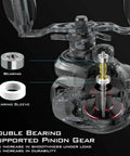 Royale Legend II Baitcasting Reel with Compact Low Profile Design, showing double bearing supported pinion gear detail
